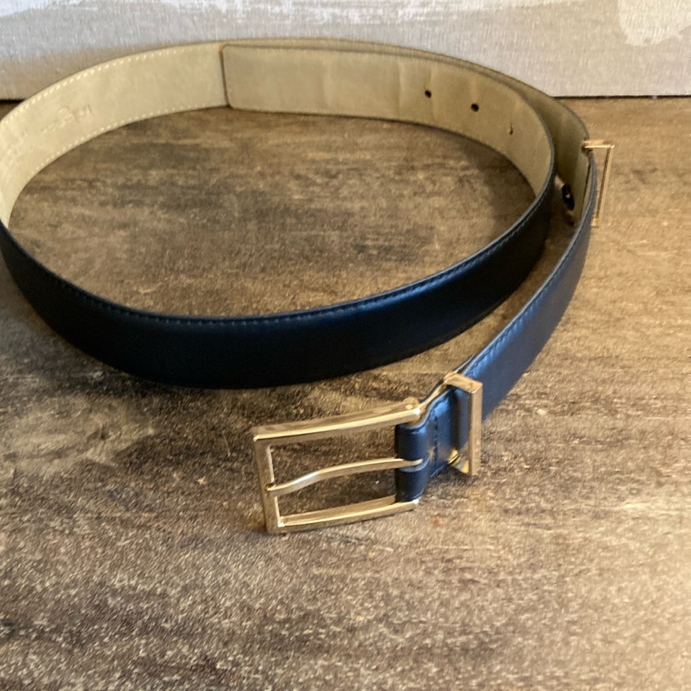 Halogen Men's Black Leather Belt Gold Tone Buckle Size Large Trouser Fit Classic